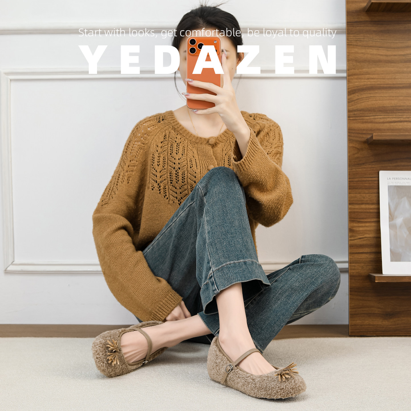 法式棕色内增高毛毛鞋外穿冬加绒圆头玛丽珍鞋平底一字带流苏单鞋,淘宝优惠券,粉丝福利购,淘宝优惠卷