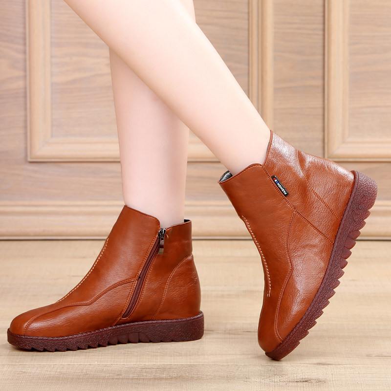 短靴女2025新款大码单靴真皮中老年平底妈妈鞋防滑牛筋软底二棉鞋,淘宝优惠券,粉丝福利购,淘宝优惠卷