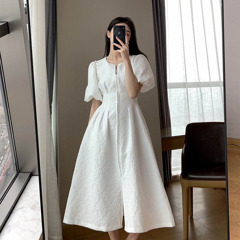 FT GUOGE白色连衣裙女2022夏装新款泡泡袖收腰显瘦赫本风提花长裙