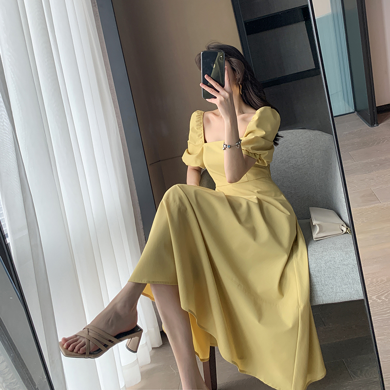 FT GUOGE黄色连衣裙女2022夏季新款方领收腰显瘦气质泡泡袖a字裙_女装_女士精品