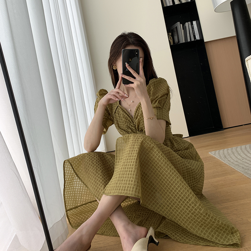 FT GUOGE泡泡袖连衣裙2022年夏季新款V领收腰显瘦气质女神范长裙_女装_女士精品