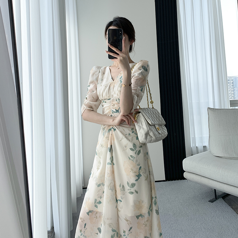 FT GUOGE碎花连衣裙女2022夏季新款法式复古收腰显瘦V领雪纺长裙_女装_女士精品