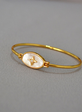 韩版时尚简约白色七彩母贝镶嵌澳宝黄铜镀金可打开细手镯手环女