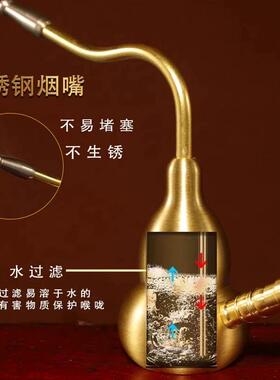 黄铜葫芦水过滤烟斗烟壶两用水过滤黄铜旱烟袋水壶烟斗水插烟摆