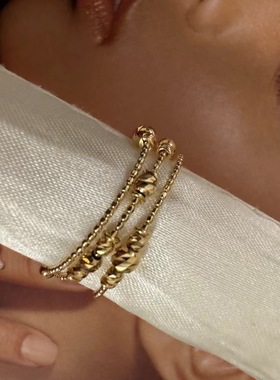 18K日制521镜面镭射/灯笼珠一体锤纹开口弹力戒指