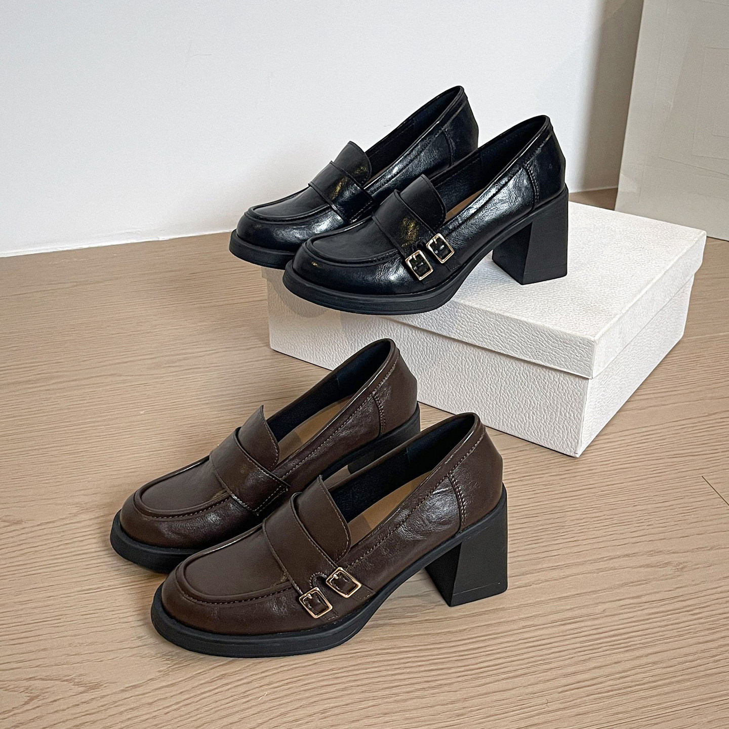 高跟粗跟黑色小皮鞋女秋冬加绒乐福鞋一脚蹬懒人鞋大码女鞋41-43,淘宝优惠券,粉丝福利购,淘宝优惠卷