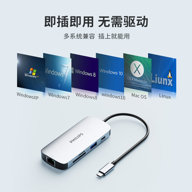 飞利浦type-c拓展坞usb-c转hdmi扩展坞适用笔记本电脑转换器air雷电3macbook网线转接头usb3.0扩展器TF/SD - 图3