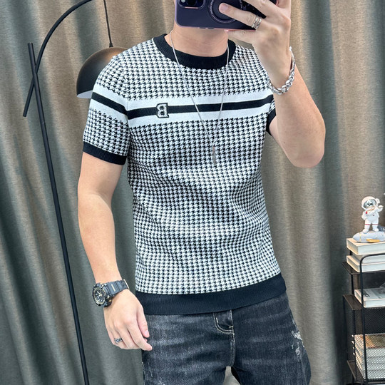 短袖毛衣男秋冬新款字母印花半袖针织衫圆领内搭打底衫毛线上衣潮