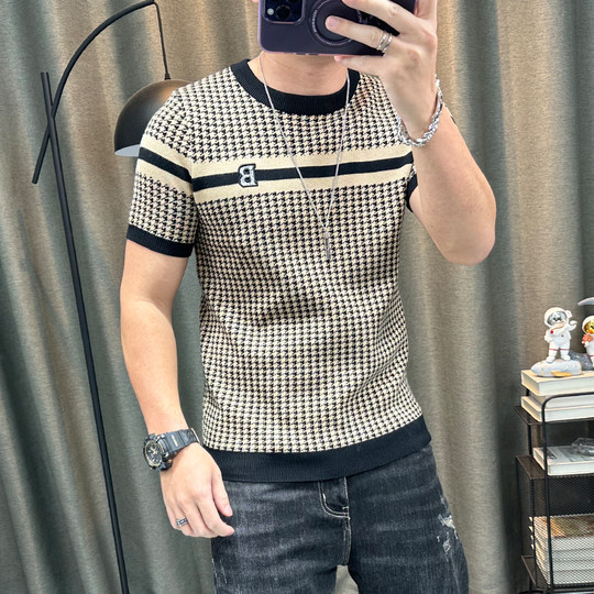 短袖毛衣男秋冬新款字母印花半袖针织衫圆领内搭打底衫毛线上衣潮