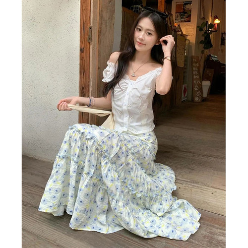 雪纺半身裙女夏季中长款高腰碎花裙A字裙子大摆长裙蛋糕裙小清新 - 图1