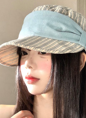 褶皱条纹平顶马术帽女夏