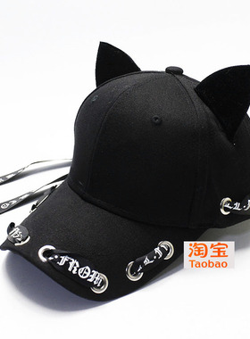 韩国黑色飘带猫耳朵棒球