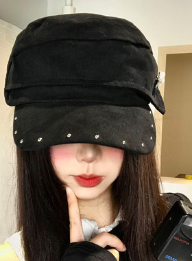 黑色麂皮绒铆钉马术帽女