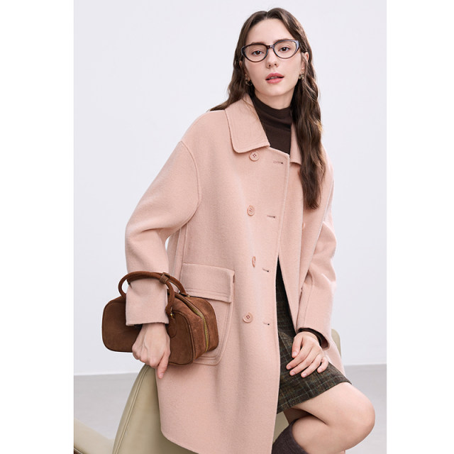 Betu Baitu mid-length double-sided woolen coat for age reduction, sweet lapel, large pockets, double-breasted woolen coat