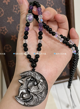 天然银曜石月亮狐吊坠黑曜石狐狸项链九尾狐毛衣链狐牌锁骨链甜酷