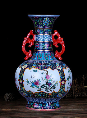 景德镇陶瓷器中式花瓶 插花家居客厅电视柜摆件 粉彩双耳描金花瓶