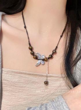 新中式民族风蝴蝶项链女轻奢高级感复古风串珠锁骨链毛衣项链配饰