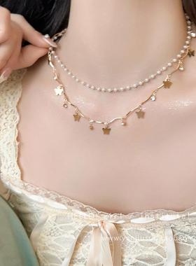 流苏蝴蝶珍珠项链女款2025新款双层叠戴颈链高级感小众配饰锁骨链