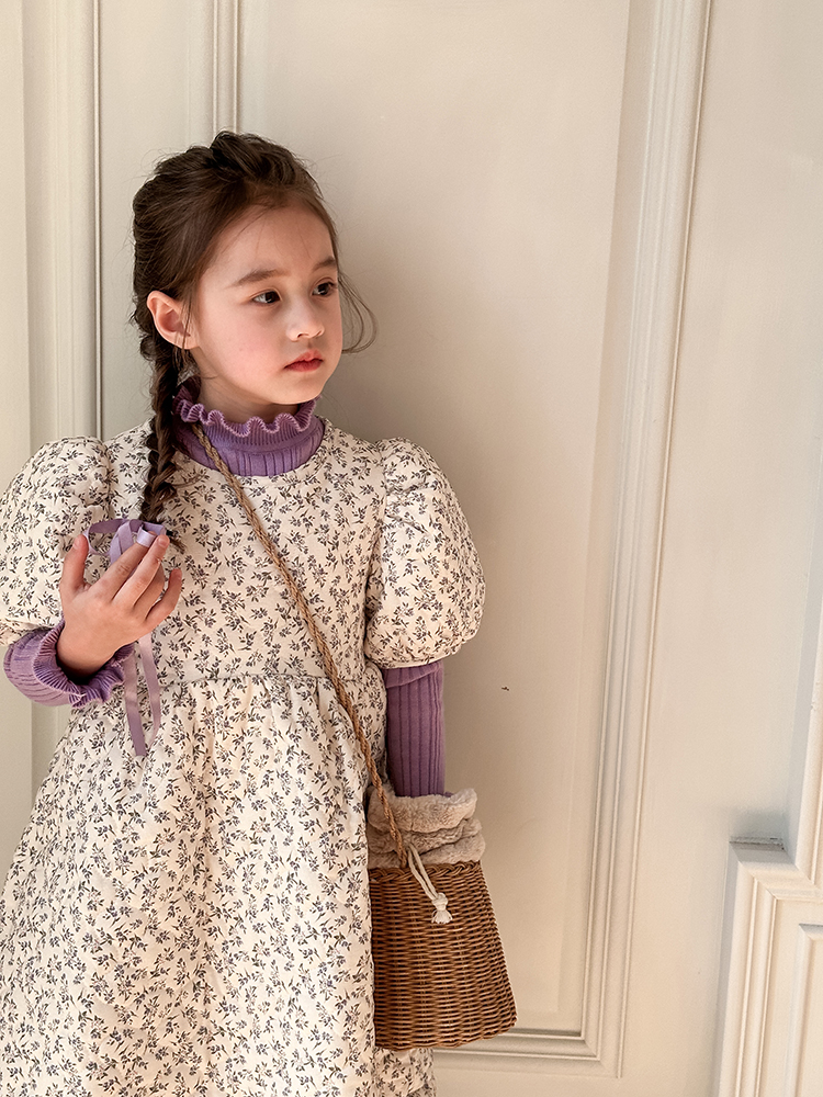 加厚夹棉保暖儿童冬季裙子新款女童洋气宫廷风泡泡短袖碎花连衣裙 - 图0