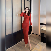 Ocnltie temperament V collar Skinder slim fit dress 2023 autumn Winter new collection waist open fork bag gluteal underskirt