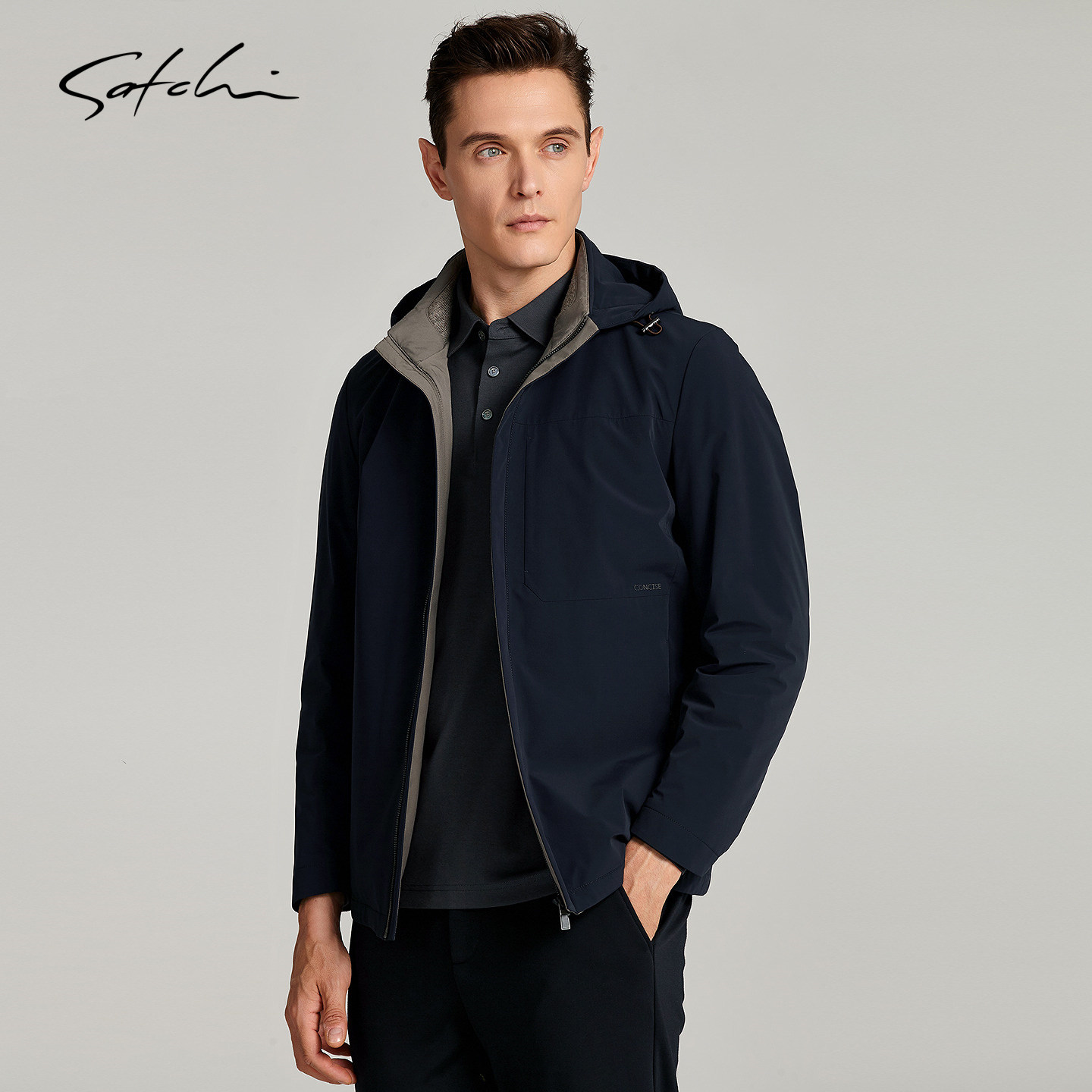 [可拆卸鹅绒内胆]SATCHI沙驰男装男士羽绒服冬季新款商务连帽外套