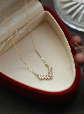 XYDZ S925纯银电镀14k闪亮小裙子梯方锆石镶嵌精致项链短链V型