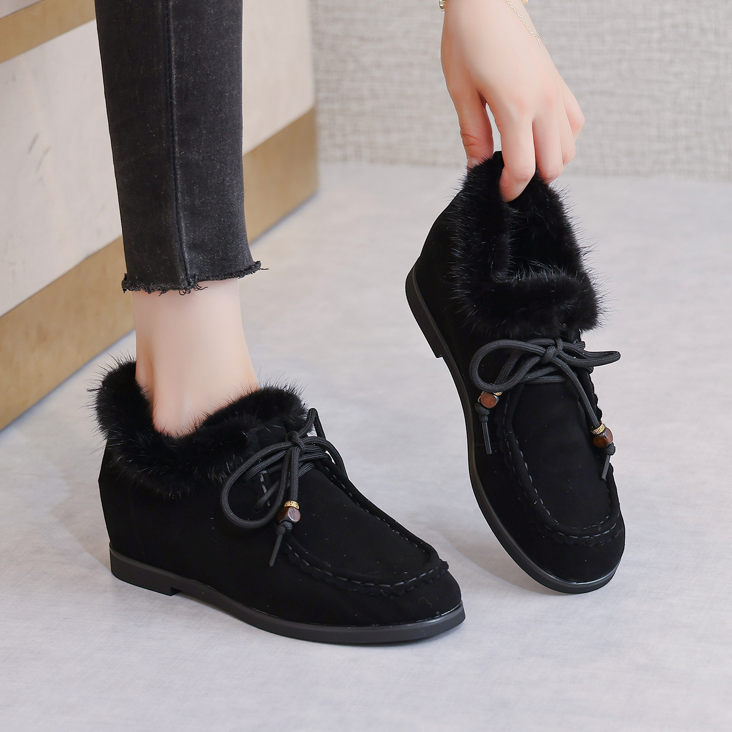 真皮毛毛鞋女冬外穿2025新款水貂毛系带软底保暖棉鞋子加绒豆豆鞋,淘宝优惠券,粉丝福利购,淘宝优惠卷