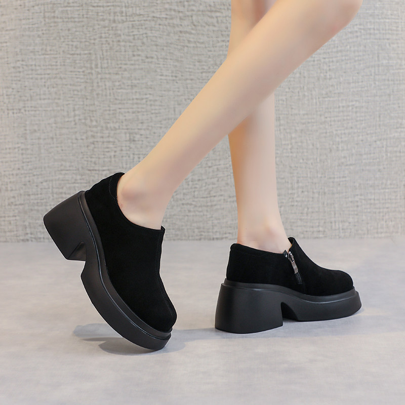 松糕厚底单鞋女2025春秋新款深口皮鞋磨砂真皮大头防水台坡跟女鞋,淘宝优惠券,粉丝福利购,淘宝优惠卷