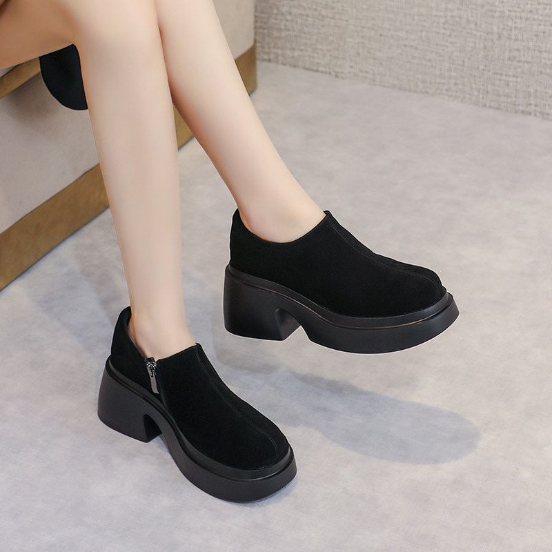 松糕厚底单鞋女2025春秋新款深口皮鞋磨砂真皮大头防水台坡跟女鞋,淘宝优惠券,粉丝福利购,淘宝优惠卷