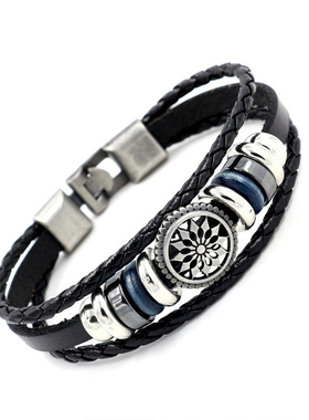 欧美朋克原宿牛皮手链 时尚百搭男女串珠手链 真皮手链 图腾手环