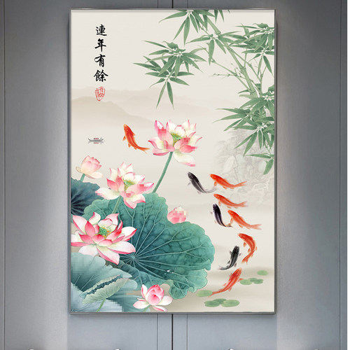 新中式荷花九鱼图玄关装饰画莲花荷叶客厅沙发背景9鲤鱼晶瓷挂画_虎窝淘