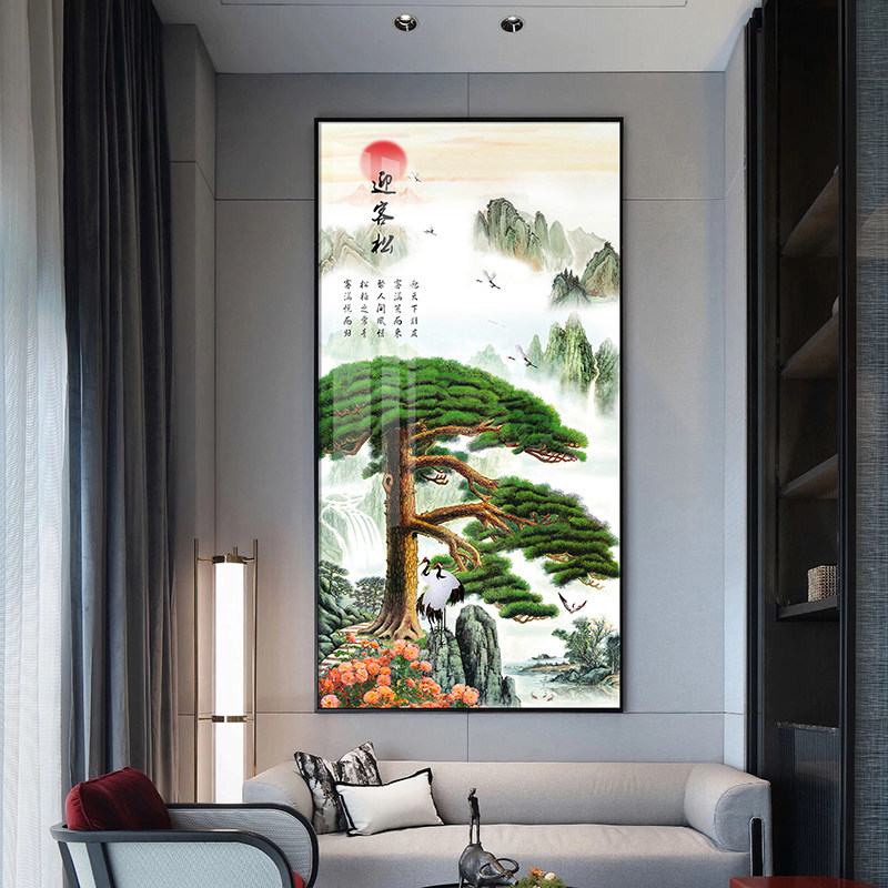 新中式迎客松山水画客厅挂画风水墨招财壁画靠山图进门玄关装饰画_虎窝淘