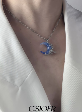 蓝色清冷感月亮项链男女小众设计