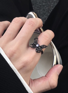 暗黑风蝴蝶紫月光戒指男女小众
