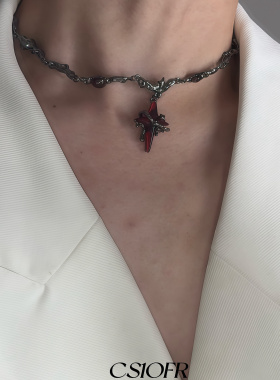 男女红月光四芒星项链小众可调节