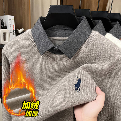 稻草人假两件针织衫男士冬季加绒加厚衬衫领毛衣男高端打底上衣潮 - 图2