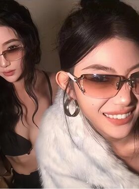 森中有林高圆圆同款无框镶钻墨镜女渐变茶复古时尚法式猫眼太阳镜
