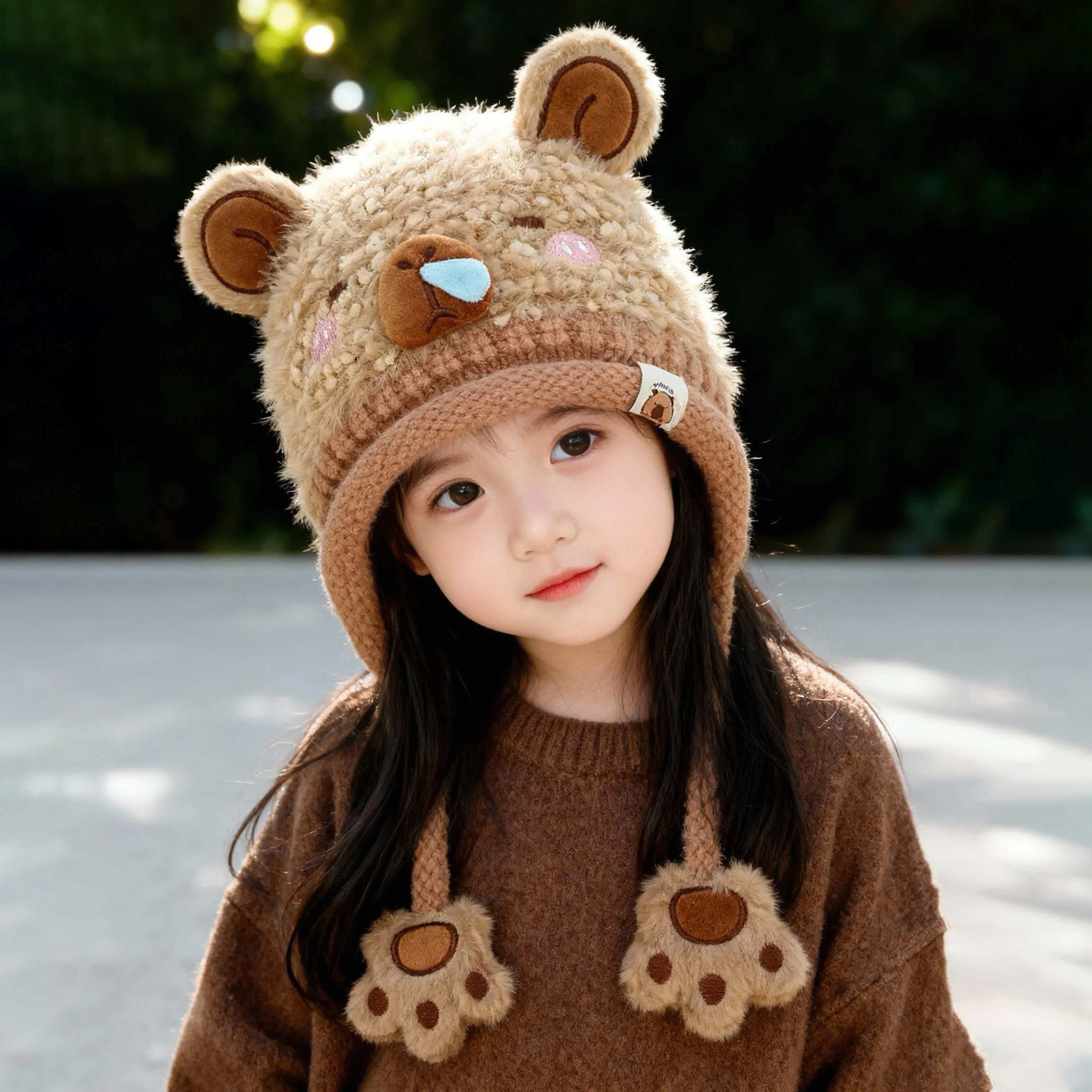 卡皮巴拉儿童帽子毛绒护耳女孩冬季保暖可爱2025新款女童防风帽子,淘宝优惠券,粉丝福利购,淘宝优惠卷