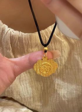 中国风双面福牌项链女古法金色祥云平安锁吊坠汉服旗袍配饰