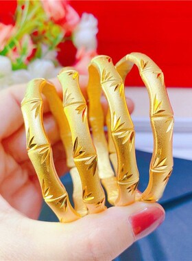 抖音越南沙金古法传承竹节手镯女款开口磨砂镯子黄金色手环不掉色