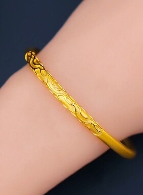 5D矿金越南沙金祥云手镯女款黄金色古法圆棍手环磨砂细款手镯
