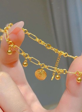 古法轻奢黄金色财神手链女气质新款简约珠珠链条手串礼物送女友