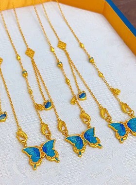 沙金烧蓝珐琅花间宿蓝色大蝴蝶吊坠项链女渐变梦幻彩蝶轻奢毛衣链