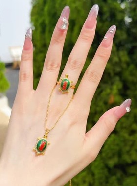 爆款镶钻小乌龟项链戒指女富甲一方彩釉套装国潮不掉色礼物送女友