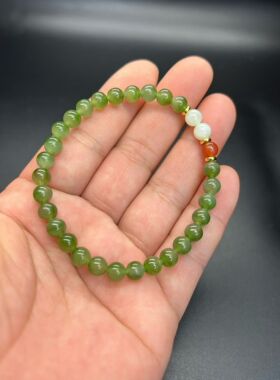 天然和田玉手串碧玉卡6mm小手链冰底阳绿单圈圆珠男女款情侣手饰