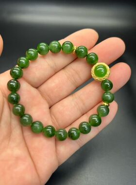 天然和田玉碧玉手串俄料卡8mm圆珠手链单圈男女款玉石珠串菠菜绿