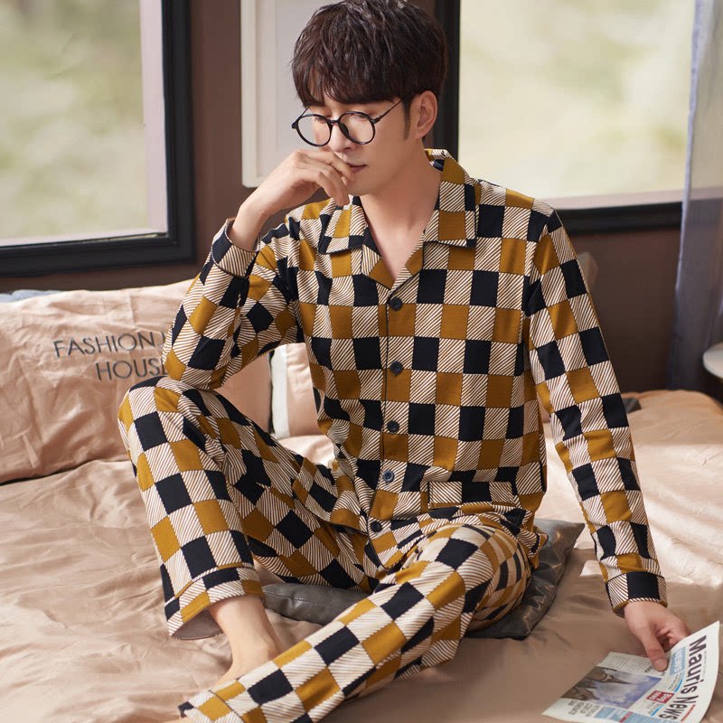 New men's spring and autumn pure cotton long sleeve pajamas
