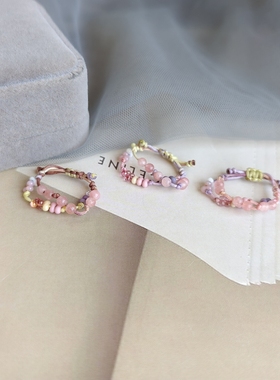 小众设计花生珠玻璃米珠粉太阳双层叠戴戒指花色戒指指环可调节