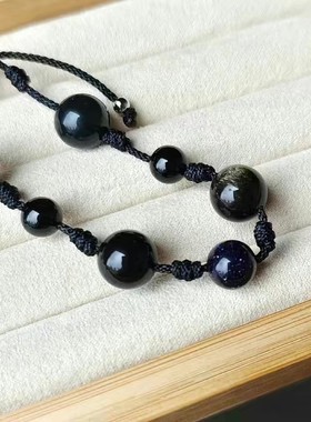 大小珠串珠手链黑曜石复古