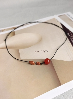 简约闪闪金砂石随形黑绳项链转运款红玛瑙锁骨链闺蜜项链可调节